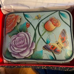 Anuschka leather hand painted zippered jewelry case … butterfly flowers blue
